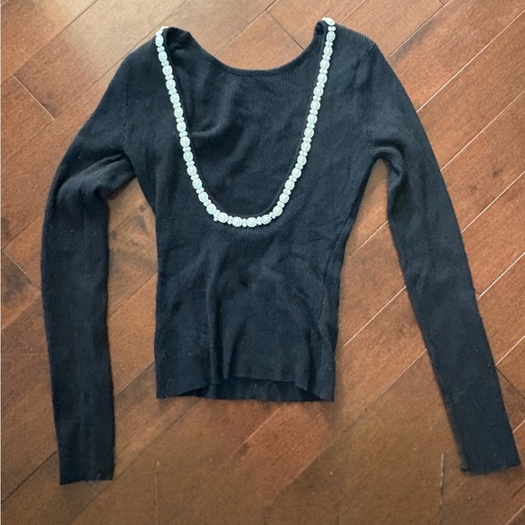 BNWT Lulus Pearly Perfection Black Ribbed Pearl Scoop Back Long Sleeve Top - Picture 5 of 6